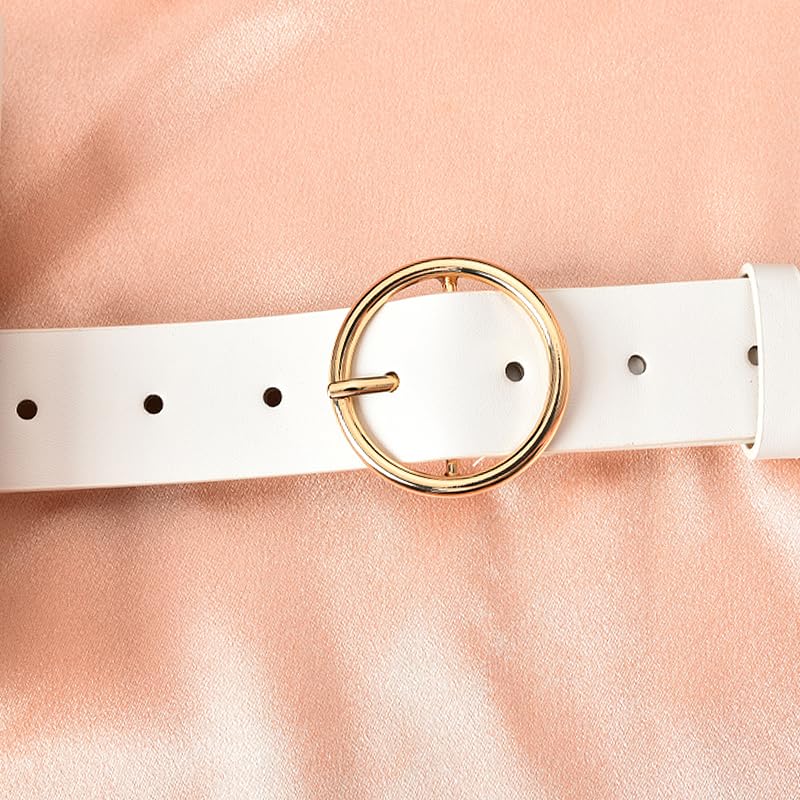 yaozeio Womens White Leather Belts for Ladies Gold Buckle Belt for Women Lady Waist Stretch Belts for Jeans Dresses Trousers Pu Leather Belt4