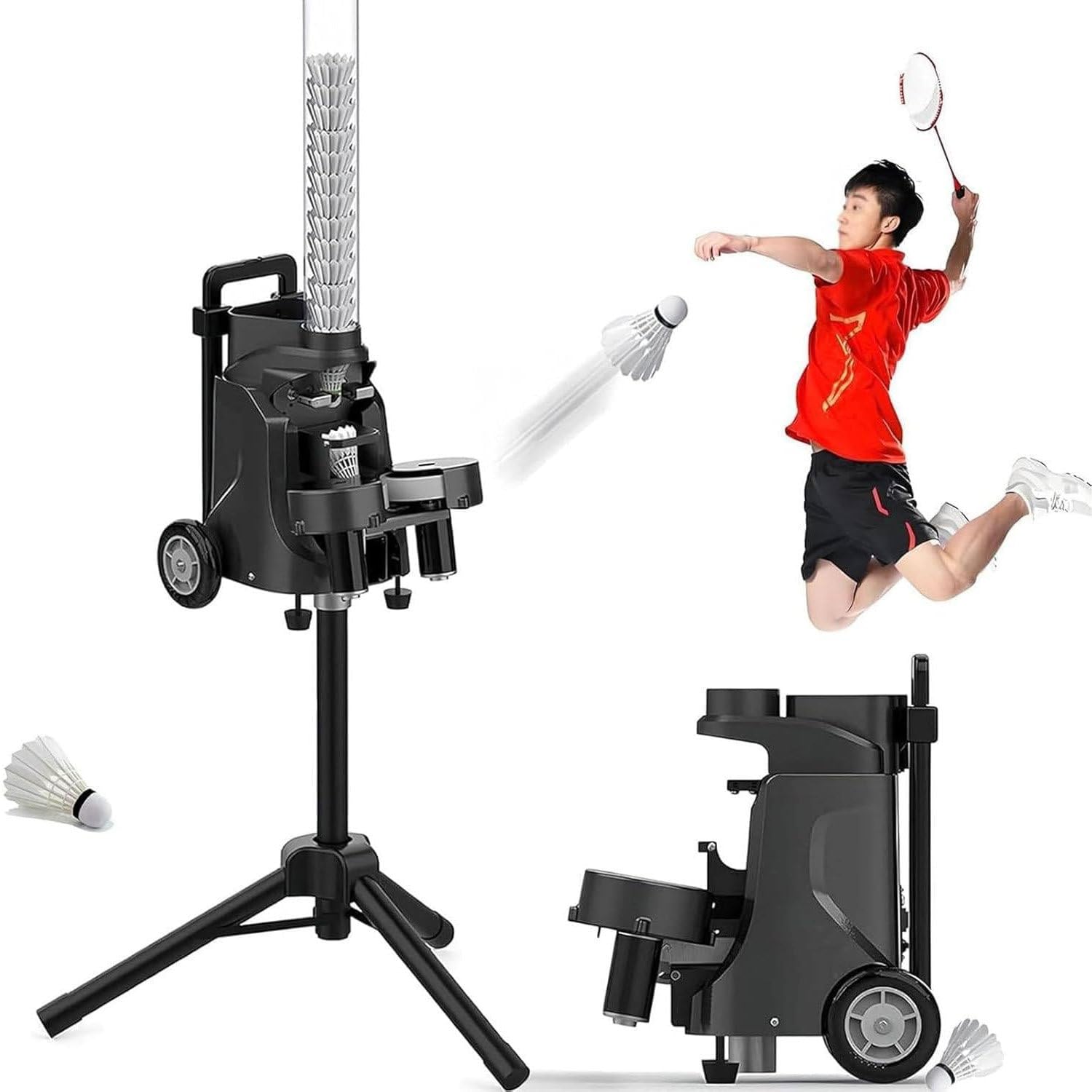 Máquina de servir bádminton automática portátil, lanzador inteligente con alimentador ajustable, capacidad para más de 52 bolas, 7 m de altura, recargable para principiantes