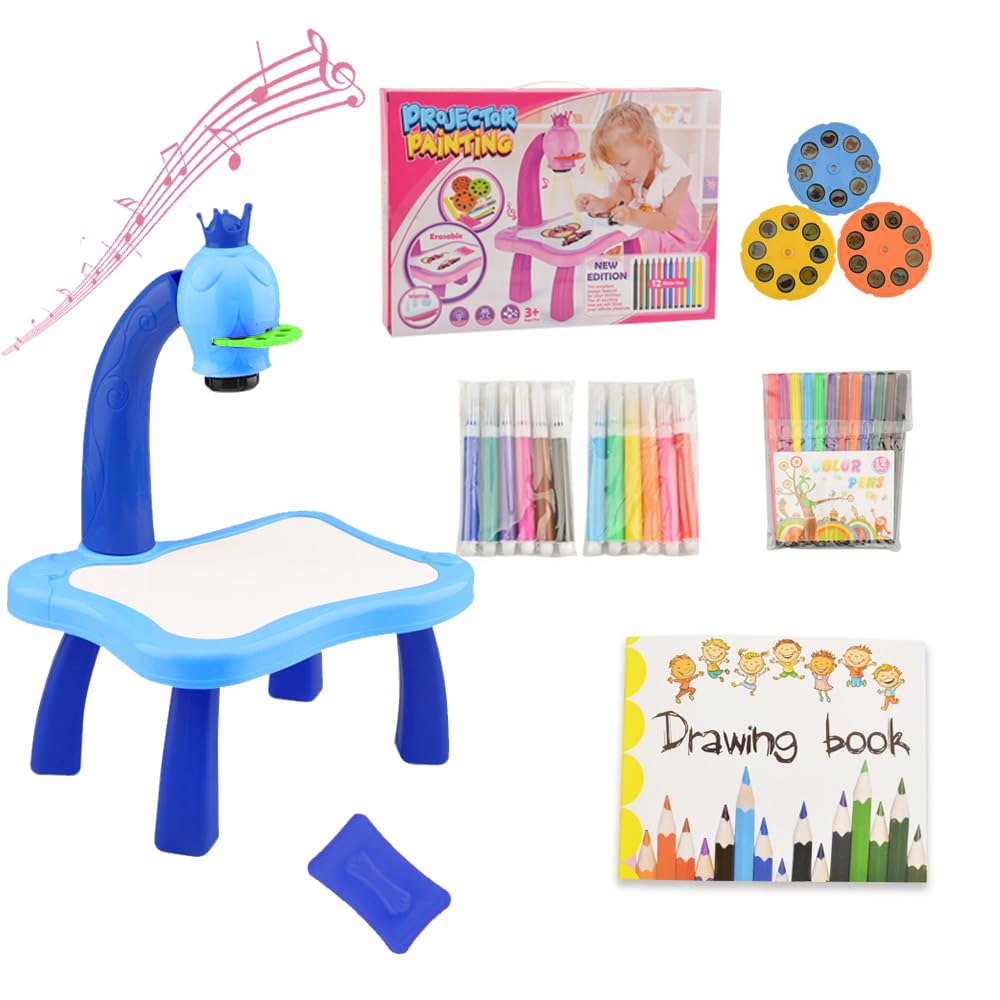 Drawing Projector Table for Kids - Intelligent Projection Drawing Board, Trace and Draw Projector Toy with Light & Music for Kids, Toddler Projection Painting Sketcher Kit (Blue)