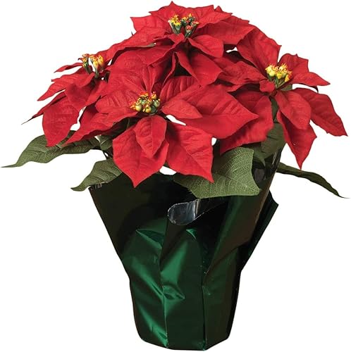 TenWaterloo Planta de Pascua roja en maceta de 14 pulgadas con 5 flores, flor de pascua artificial en maceta