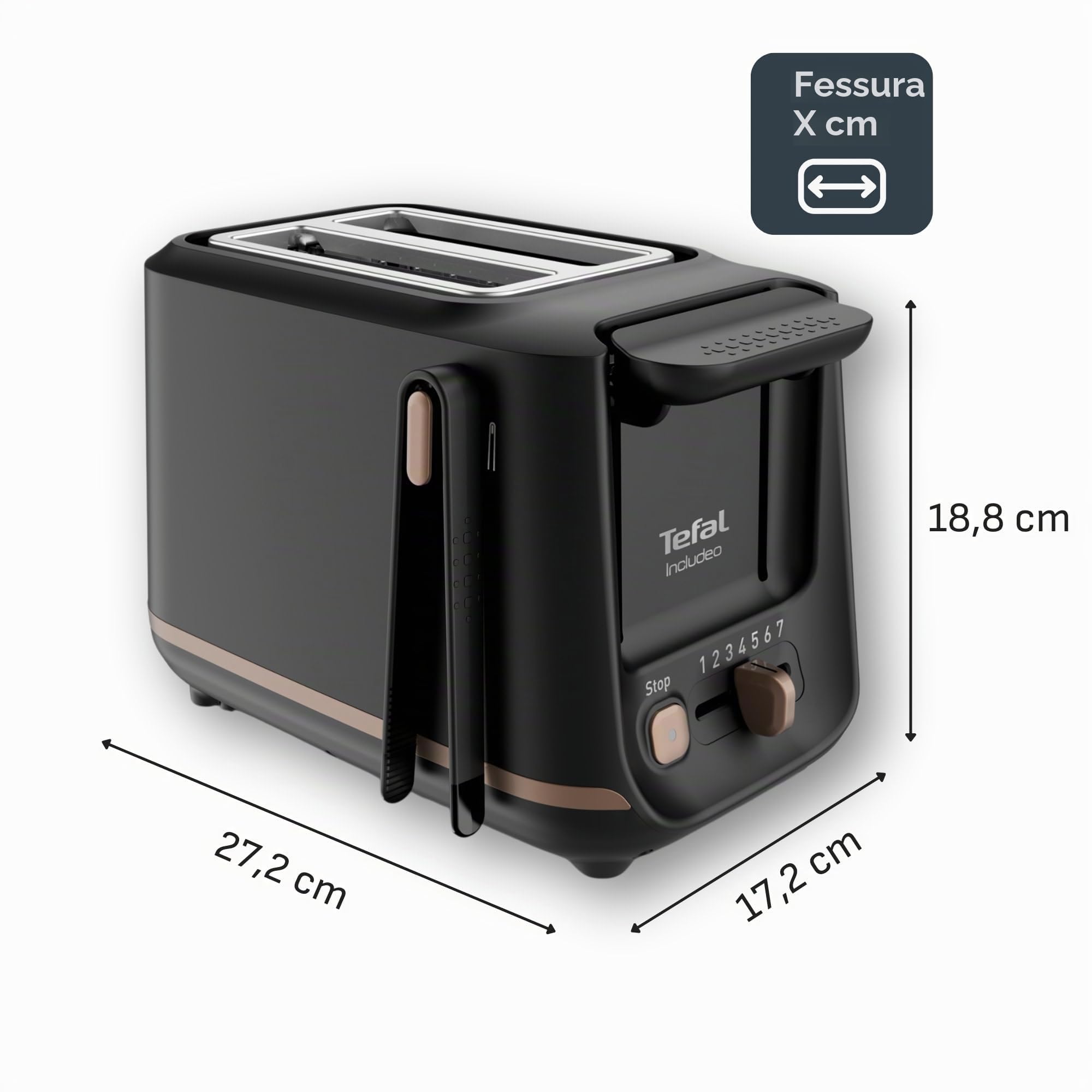 Tefal Includeo TT533811 Tostapane, 2 scomparti, pinza magnetica, tostapane con pulsanti grandi, 7 livelli di doratura, vassoio raccogli briciole estraibile, leva di estrazione