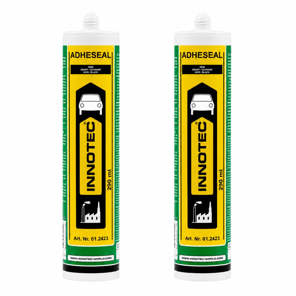 2 pezzi Innotec Adheseal nero adesivo e sigillante a base di polimeri MS – Aderente anche a materiali delicati – Verniciabile bagnato – 290 ml Adheseal sigillante elastico permanente