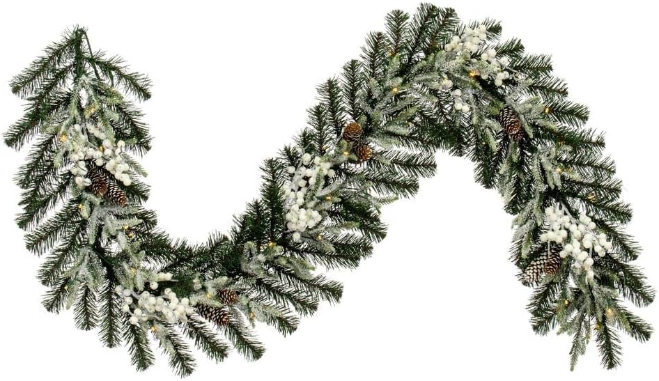 Vickerman 6' x 14" Frosted Berry Mixed Pine Cone Artificial Pre-Lit Garland, Battery Operated Warm White LED Wide Angle Lights