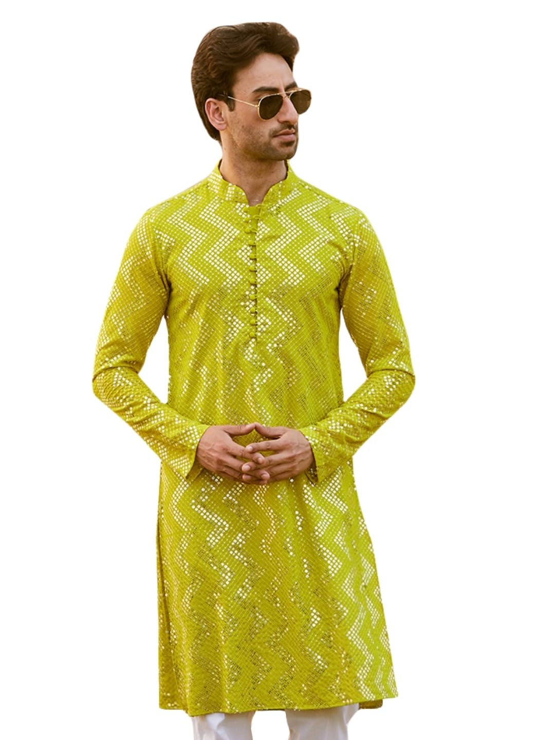 see designs Men Full Sleeve Lime Green Sequins Woven Designs Mandarin Collar Side Slit Kurta-picture-28