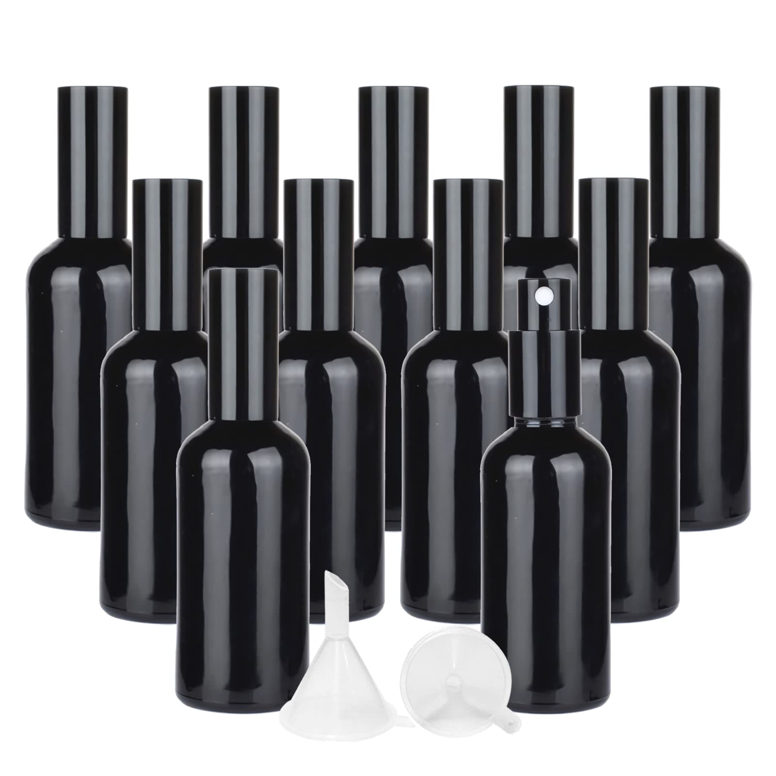 12 Piezas 100ml Negro con Pulverizador, Bote de Spray Viaje con Tapas de Negro Atomizador de Perfume für Reisen Ätherische Öle Parfüm Zubehör+ 2 x Embudo