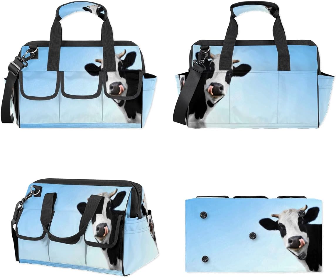 Funny Cow Tool Bag for Men Women Heavy Duty Multi-Pockets Wide Mouth Tool Tote Waterproof Tool Bag Organizer with Adjustable Shoulder Strap