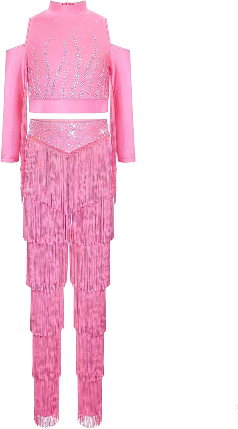 Agoky Kids Girls Latin Samba Rumba Ballroom Dance Outfit Cold Shoulder Long Sleeve Tassel Crop Top Fringe Pants Pink 10 Years