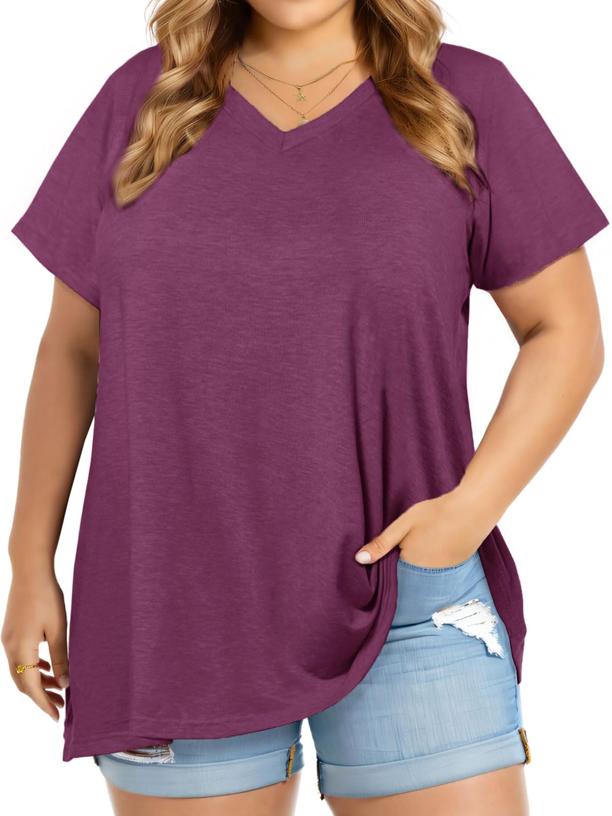 JOELLYUS Plus Size Tops for Women Summer Top Loose Fit Tee Shirts V Neck Short Sleeve Blouse