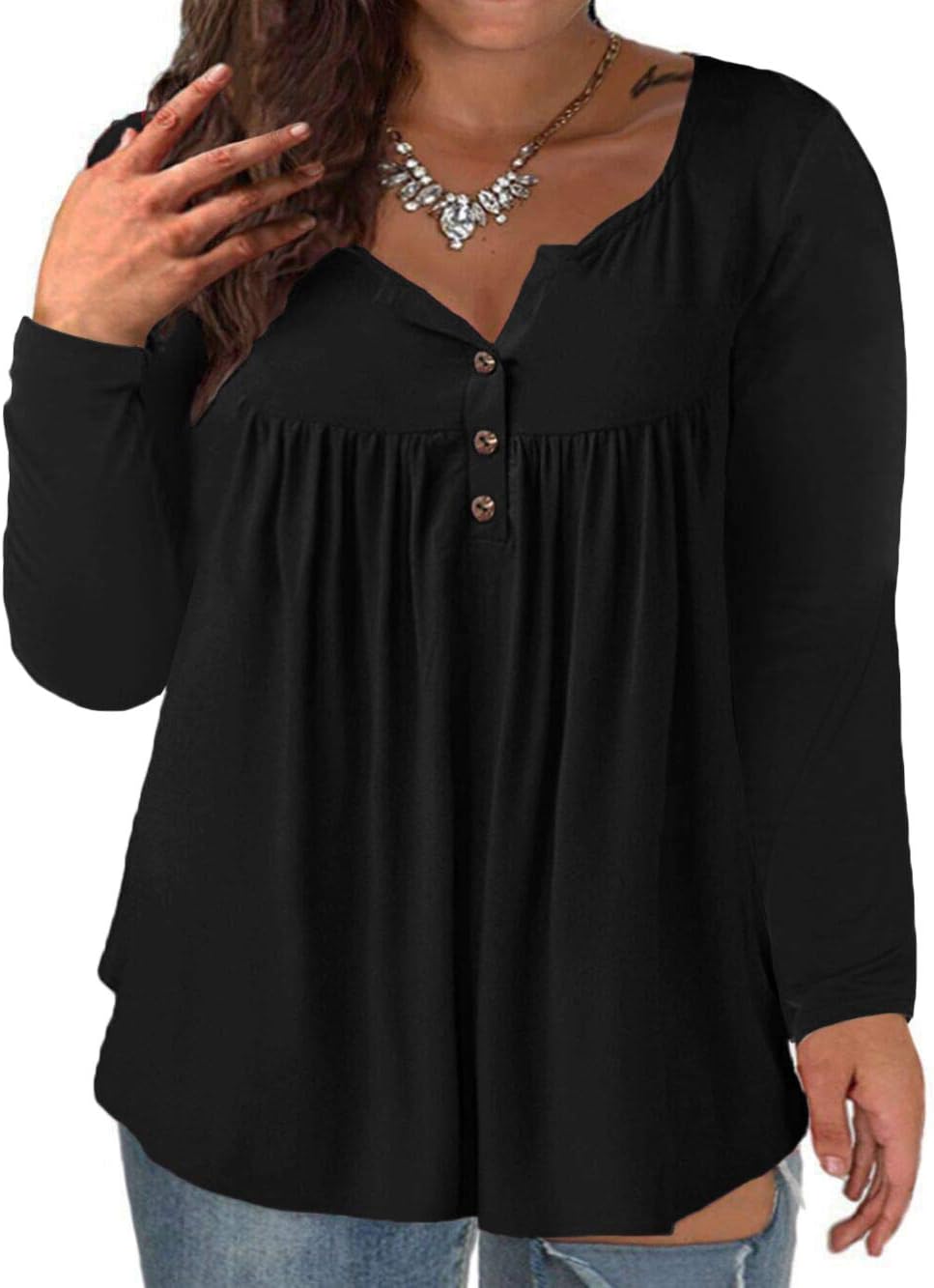VISLILY Women's Plus Size Henley Shirts Long Sleeve Tops Buttons Up Blouses Pleated Tunics