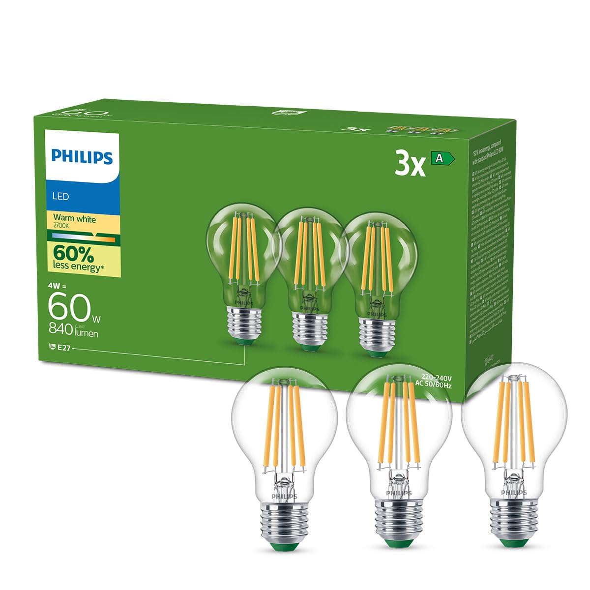 Philips Ultra Efficient - Ultra energy saving lights, E27 LED light source, 60W, A60, warm white, pack of 3, clear