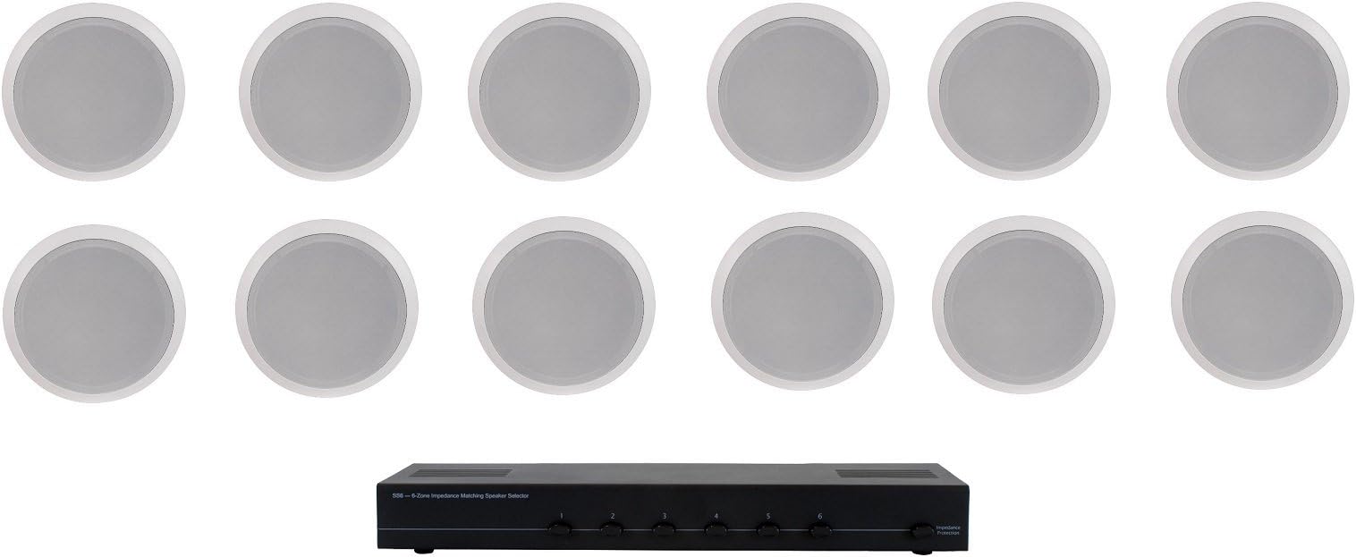 Home Audio Whole House Speaker System- 12 Ceiling Speakers 6PR- Flush 5.25" Round Speakers & Switcher
