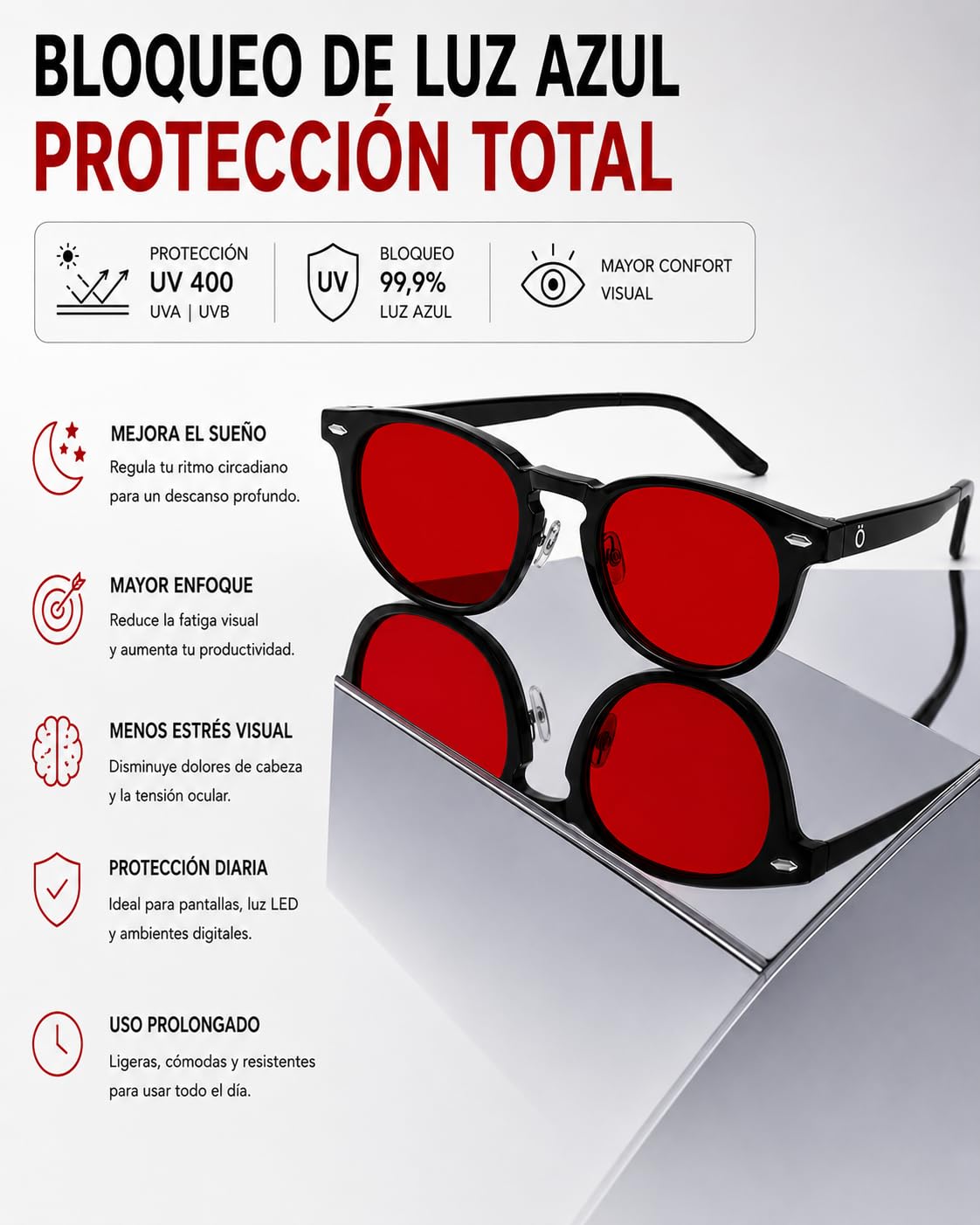 Gafas Luz Roja Biohacking para Dormir y Pantallas | Bloqueo Luz Azul | Lentes Anti Luz Azul TR90 Ultraligeras Unisex | Mejora Sueño, Sin Fatiga Visual | Gaming