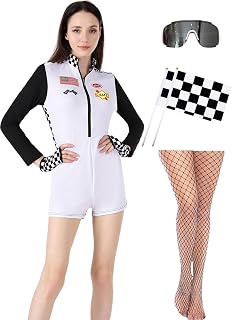 Speed Sexy Race Car Driver Halloween Costume Woman, 6 Pcs Racecar Costume Women Long Sleeves Jumpsuit Outfit