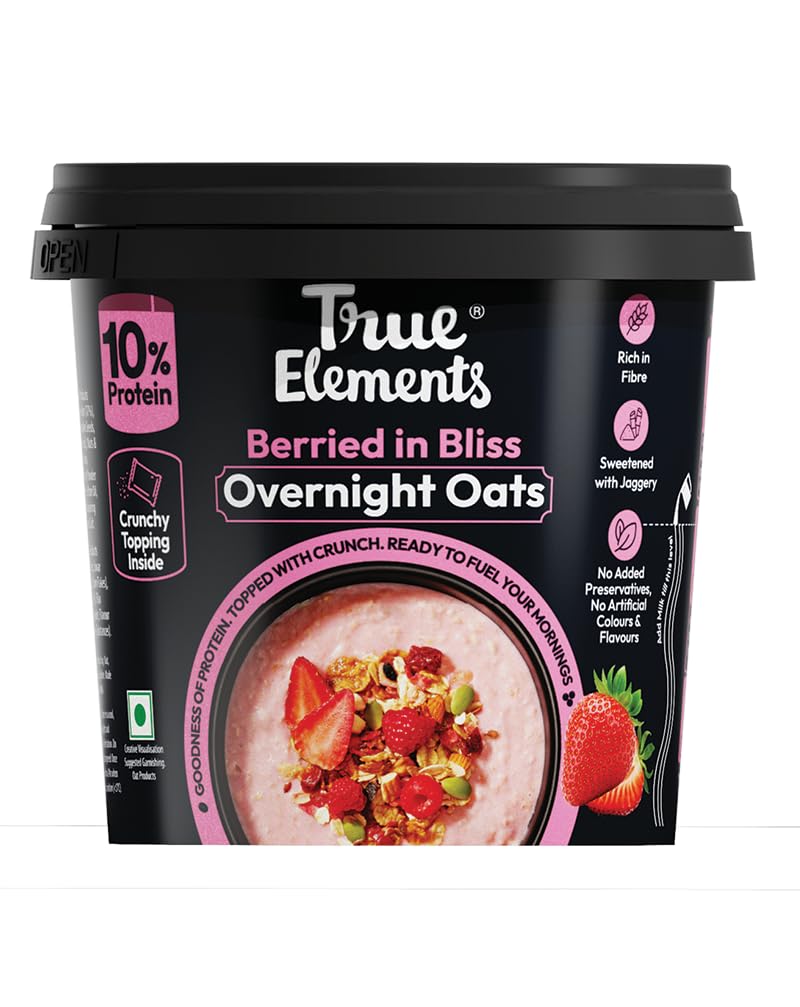 True Elements Overnight Oats Berried in Bliss 62g – Ready-to-Eat Breakfast | High Protein, Fibre & Berry Flavour | Healthy Instant Oats Snack