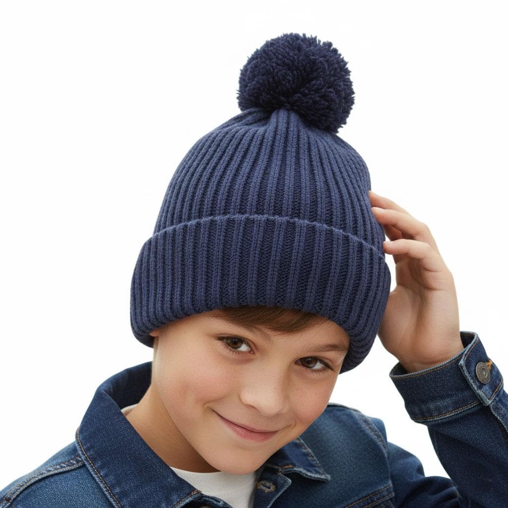 A2Z 4 Kids Girls Boys Hats Ribbed Knitted Bobble Pom Pom Beanie - Hat KH1027 Navy 3-6