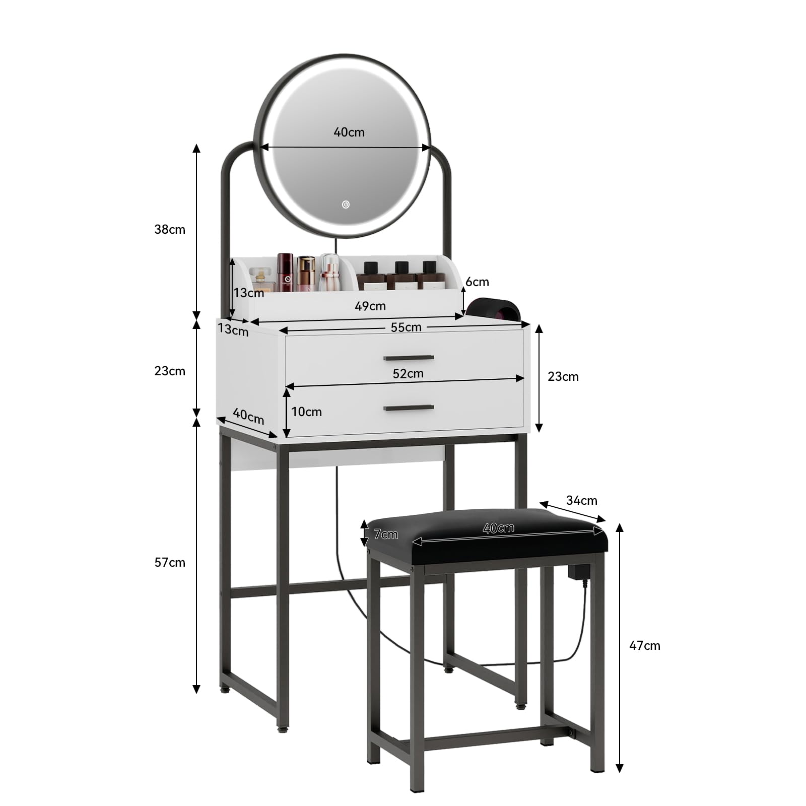 YU YUSING Tocador con Espejo LED, Tocador de Maquillaje con Taburete