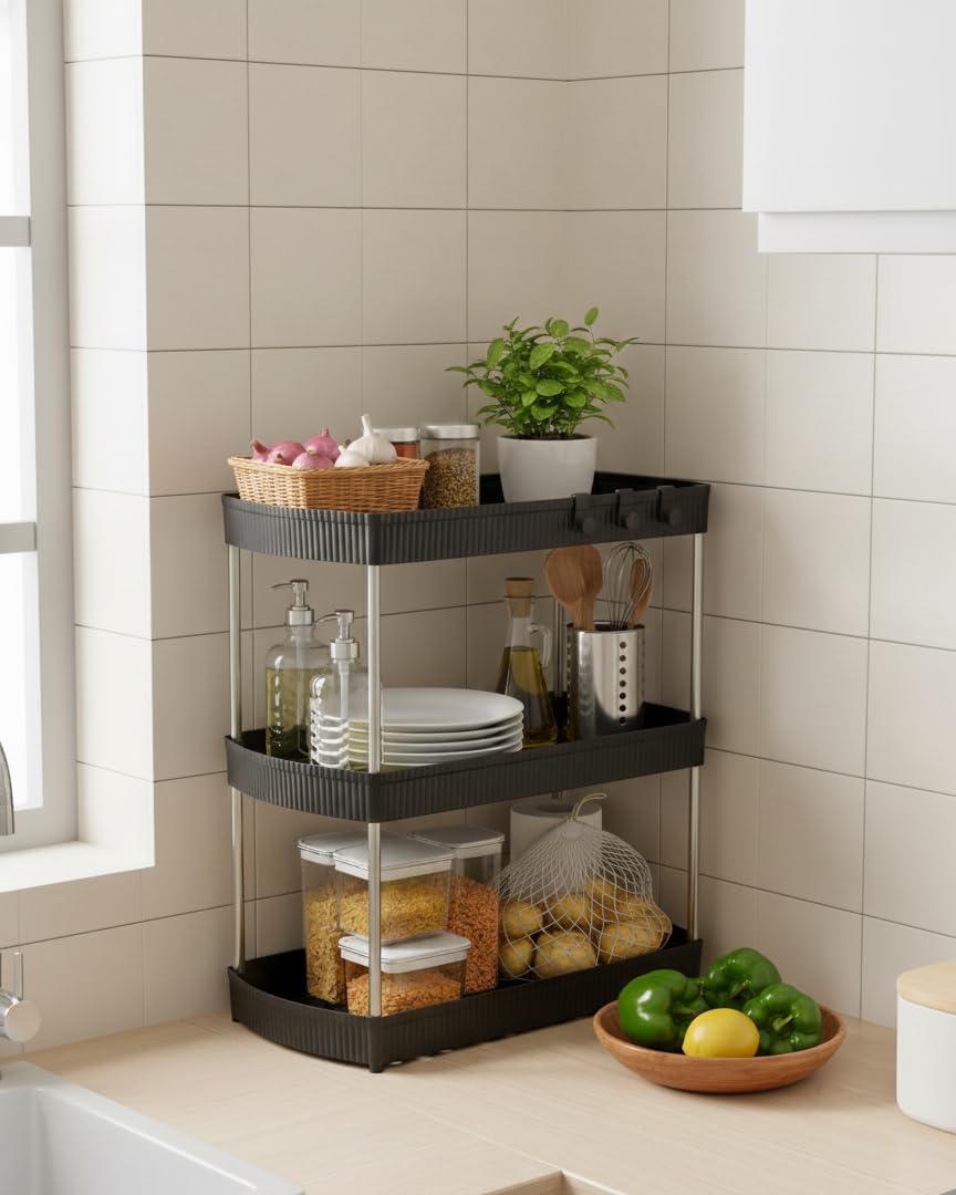 U-Max Multi-Tier Storage Cart Organizer, Countertop Kitchen and Office Rack with Ventilated Trays and Stainless Poles, Countertop Vegetable Basket Storage Rack (Black, 3 Shelf, Storage Cabinet)-image-38