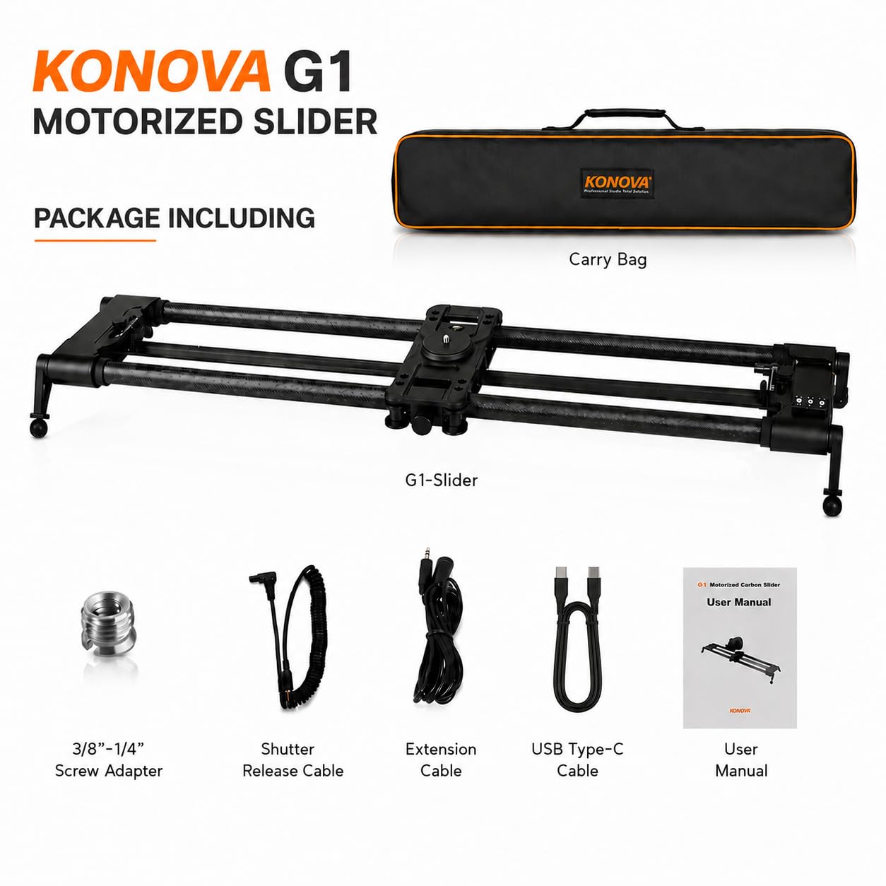 KONOVA G1 Slider Motorizzato per Fotocamera DSLR e Mirrorless, Controllo Bluetooth App, Binario in Fibra di Carbonio, Motion Control per Time Lapse, Stop Motion, Tracking e Panorama (100cm)