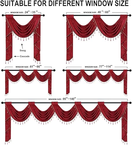Miniatura 6 de ELKCA Cenefa de cascada de chenilla color rojo burdeos para sala de estar, cenefa de 3 festones huecos para festivales, vacaciones, cortinas de