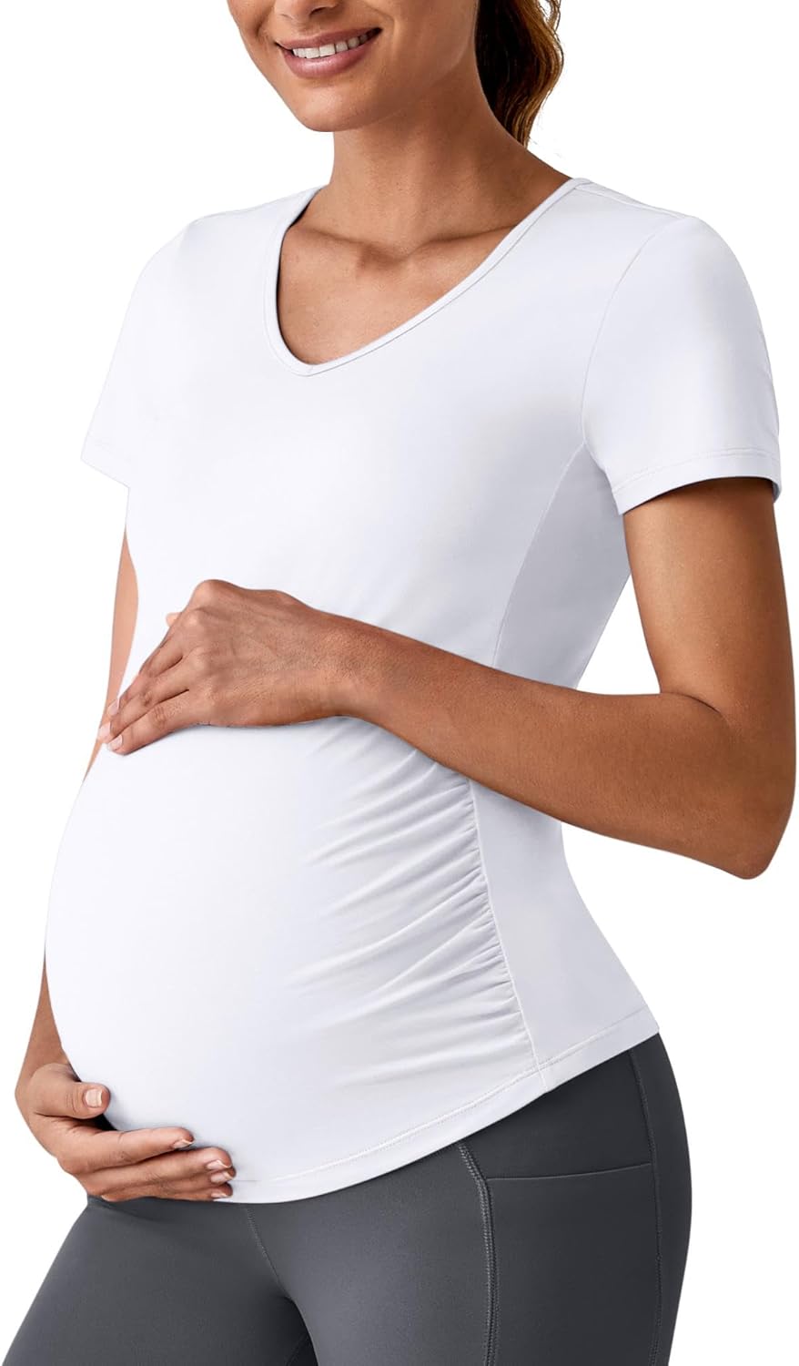 G4Free Lightweight Maternity Shirts Short Sleeve V Neck Pregnancy Workout Tops Side Ruched Stretchy Yoga Lounge Tees