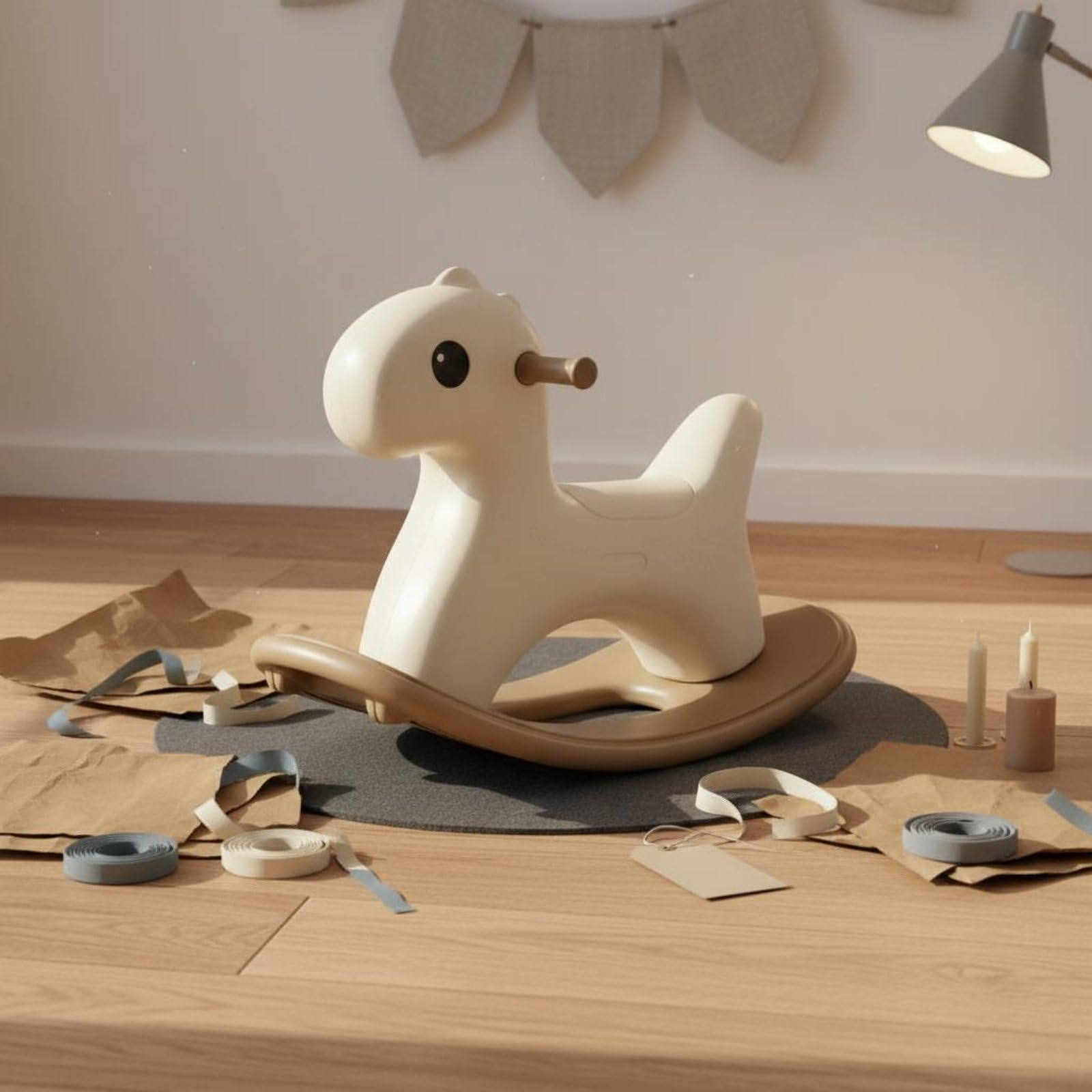 Schaukelpferd kippsicher Kleinkind Schaukelpferd rutschfeste Griffe stabiles Wipppferd für Kinderzimmer, Beige Camel, Mit Streifen