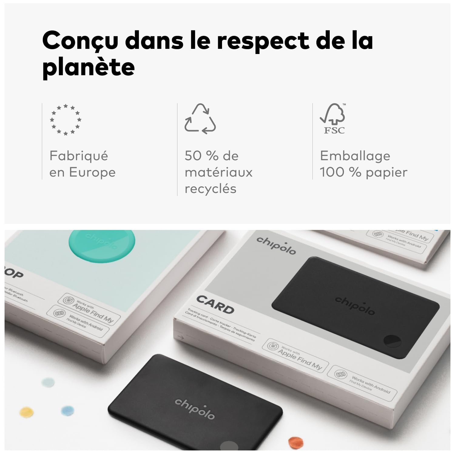 Chipolo Card - Tracker Bluetooth Rechargeable pour Portefeuille et Passeport, Compatible avec Localiser d’Apple ou Google, avec Fonction Fais sonner Ton téléphone et Alertes Hors de portée