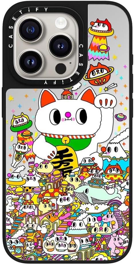 CASETiFY Mirror iPhone 15 Pro Case [Reflective / 4.9ft Drop Protection/Compatible with Magsafe] - Lucky Cat - Silver on Black