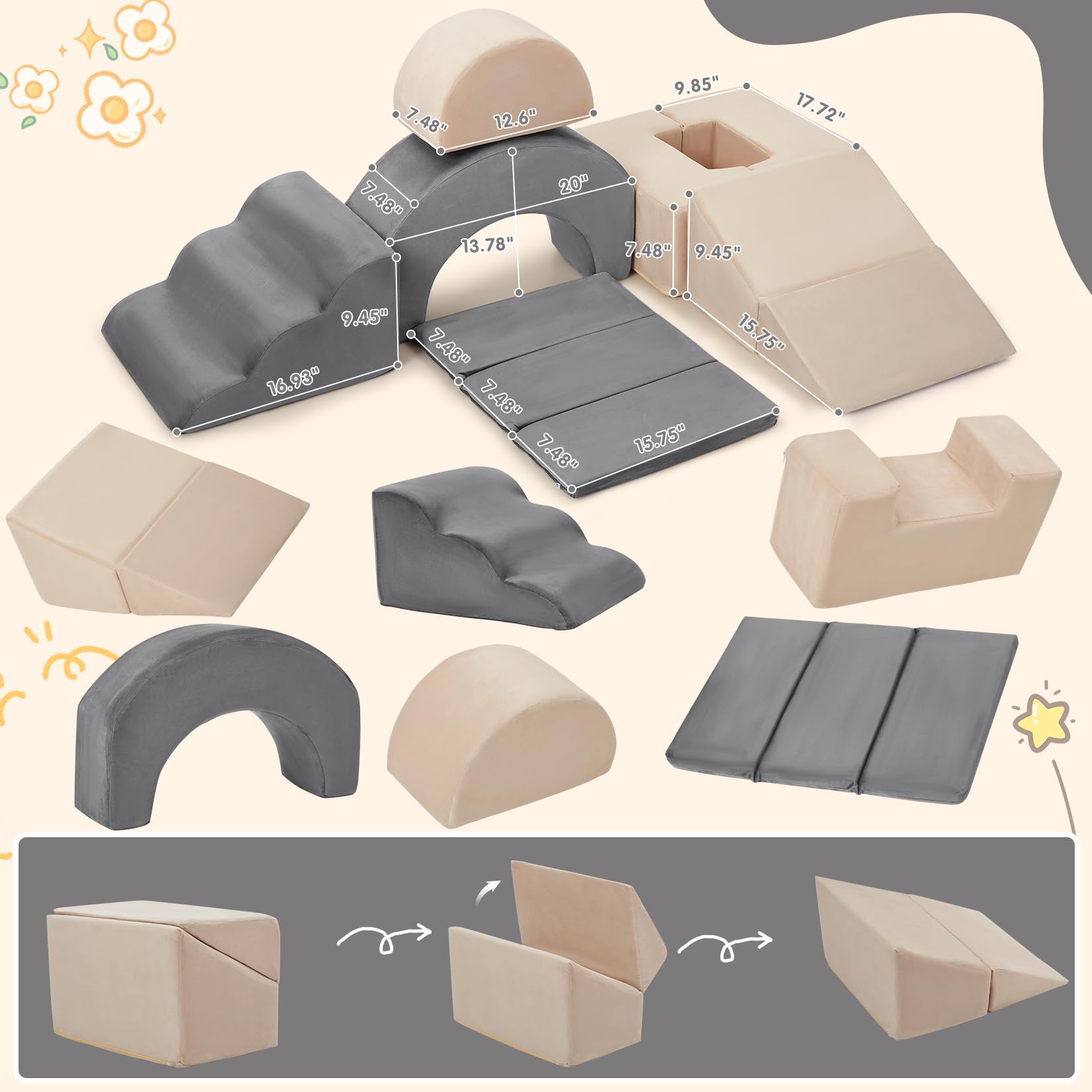 Garvee Juego educativo de 7 bloques de espuma para escalar y gatear - Incluye rampa extendida, túnel y tobogán - Funda de terciopelo lavable, base antideslizante - Ideal para bebés y niños pequeños en