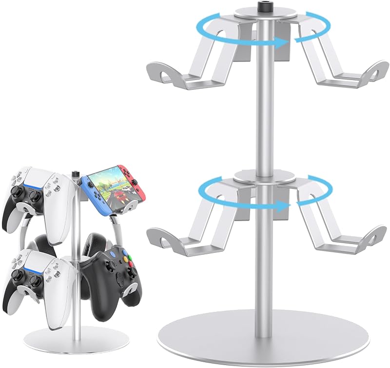 DGPCT Aluminum Rotating Controller Stand for Xbox/PS5/Switch, 2-Tier | 6 Hangers to Place, Holds Headset & Controllers, Stable Controller Organizer Rack, Fits for Switch Pro/PS4 and More, Silver