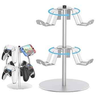 DGPCT Rotating Controller Stand Compatible with Xbox PS5 PS4 Nintendo Switch Pro, 2 Tier Aluminum Headset Holder, Gaming Headphone and Controller Holder Organizer Rack, Universal & Stable Silver
