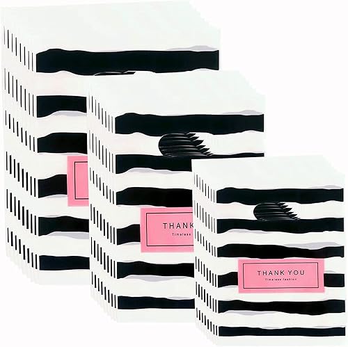 Miniatura 6 de Bolsas de mercancía con texto en inglés "Thank You", 100 bolsas de compras de plástico mixto de 3 tamaños, bolsa para pequeñas empresas, bolsas