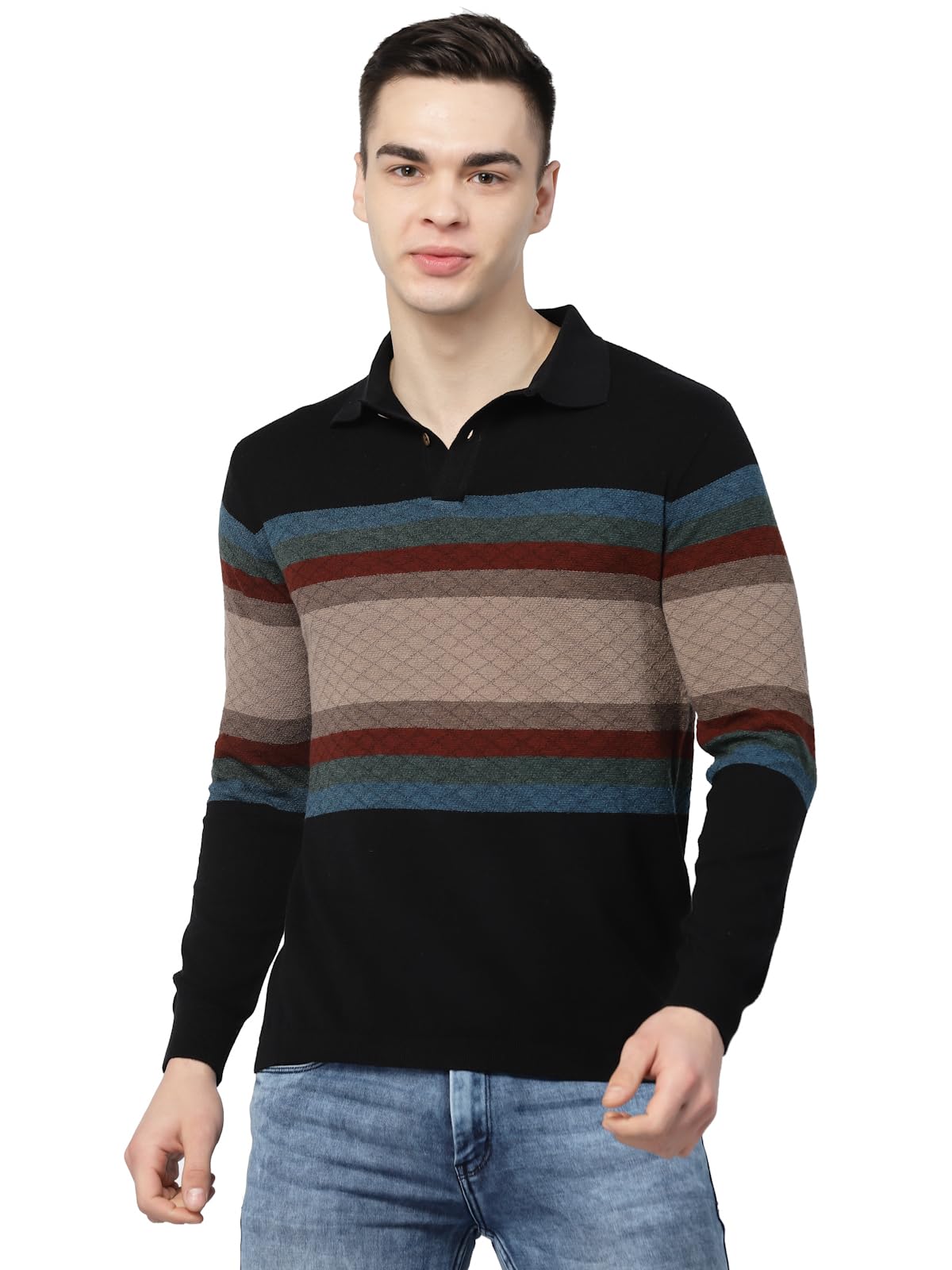 kalt Men Full Sleeve Multi Color self Design Striped Cotton Blend Polo t-Shirt with Collar Stylish-picture-49