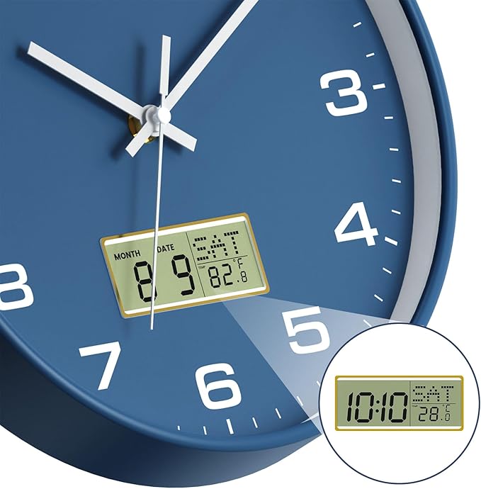 Reloj de Pared 12 Pulgadas, Analógico Silencioso con Pantalla LCD miniatura 5