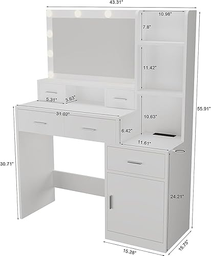 Miniatura 2 de Escritorio de tocador con luces, juego de mesa de tocador de maquillaje con 5 cajones, tocador de maquillaje blanco con espejo iluminado, 3 modos de