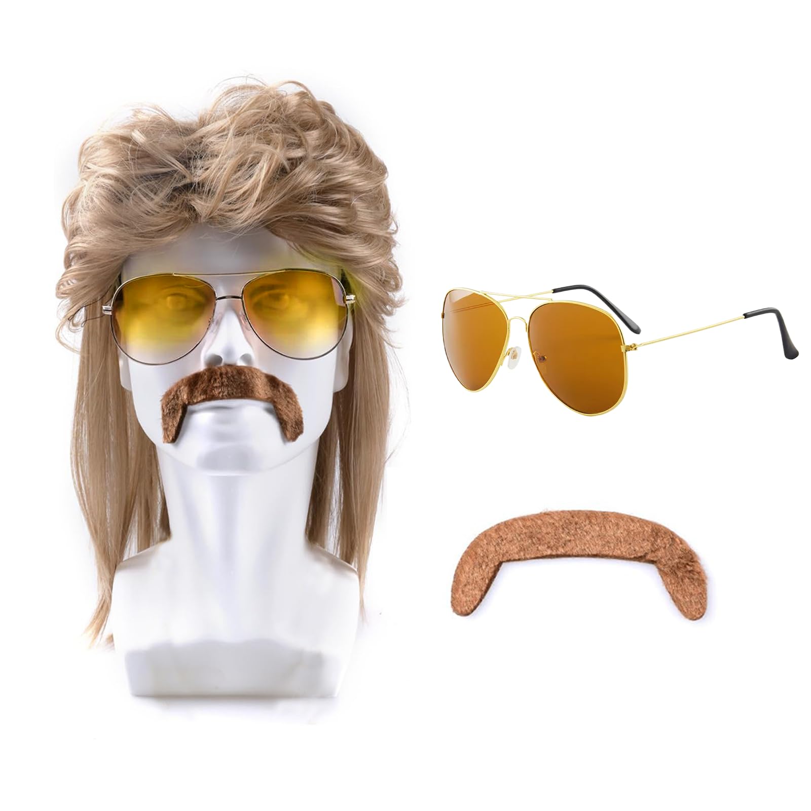 Brown Mullet Wigs for Men, 3 Piece Set 70s 80s Mens Wig for Fashion Halloween Costume Fancy Party Accessories