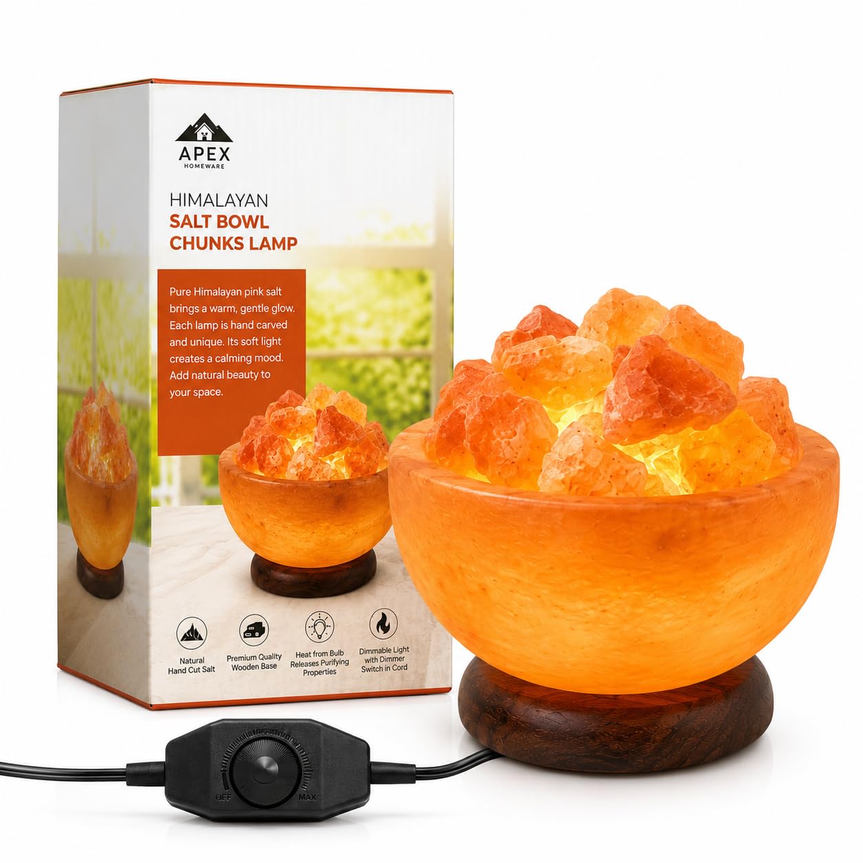 Apex Homeware Bowl Himalayan Salt Lamp (3 kg), 100% Authentic Hand Carved Pink Crystal Rock Salt Lamp, Handmade Wooden Base, Dimmable E14 Bulb, UK Plug