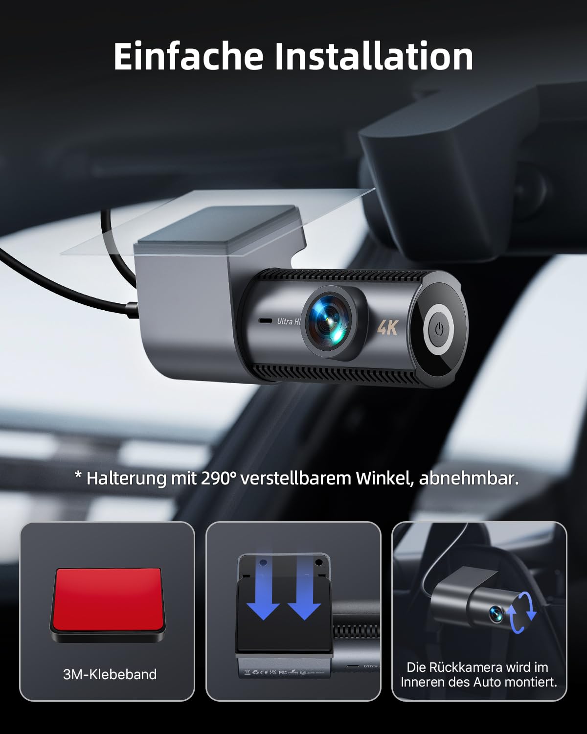 Dashcam Auto Vorne Hinten 4K+1080P 5.8GHz WLAN 170° Weitwinkel 64GB SD Karte G-Sensor 24h Parküberwachung Nachtsicht 1,5" Display