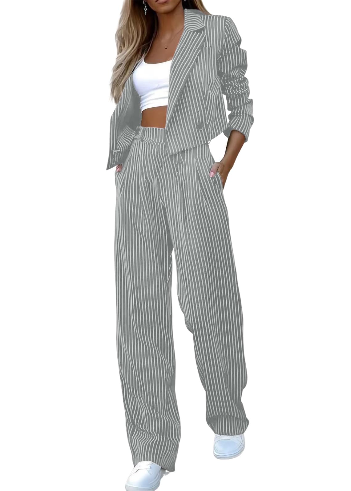 Tailleur Femme Ensemble Pantalon Chic et Élégant 2 Pièces Blazer à Revers et Pantalons Taille Haute Tailleurs Rayures Costume de Formel Bureau Travail OL Décontractée Slim Fit Outfit
