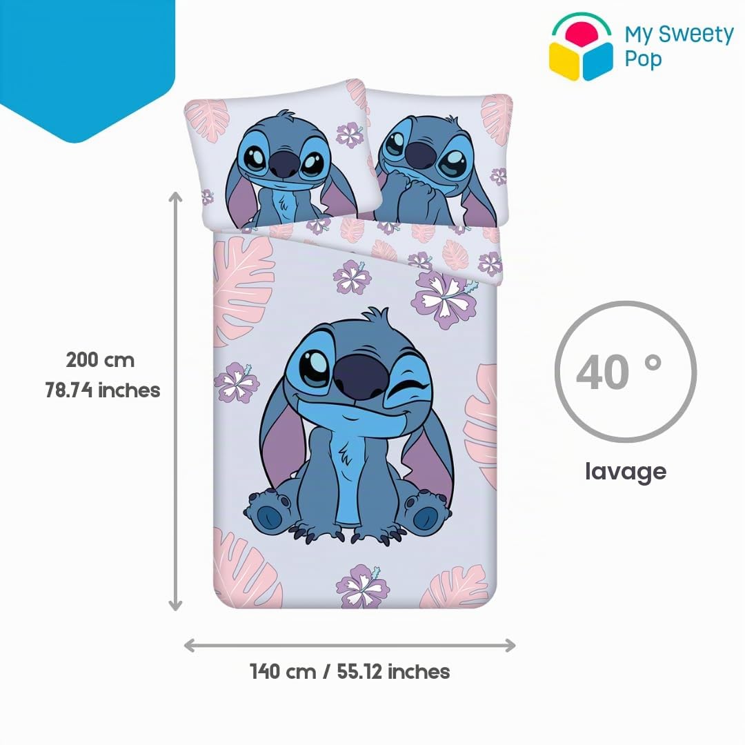 My sweety pop Parure de lit Enfant Stitch 2 pièces Housse de Couette | Réversible 140x200 Taie d'oreiller 70x90 cm Literie 100% Coton