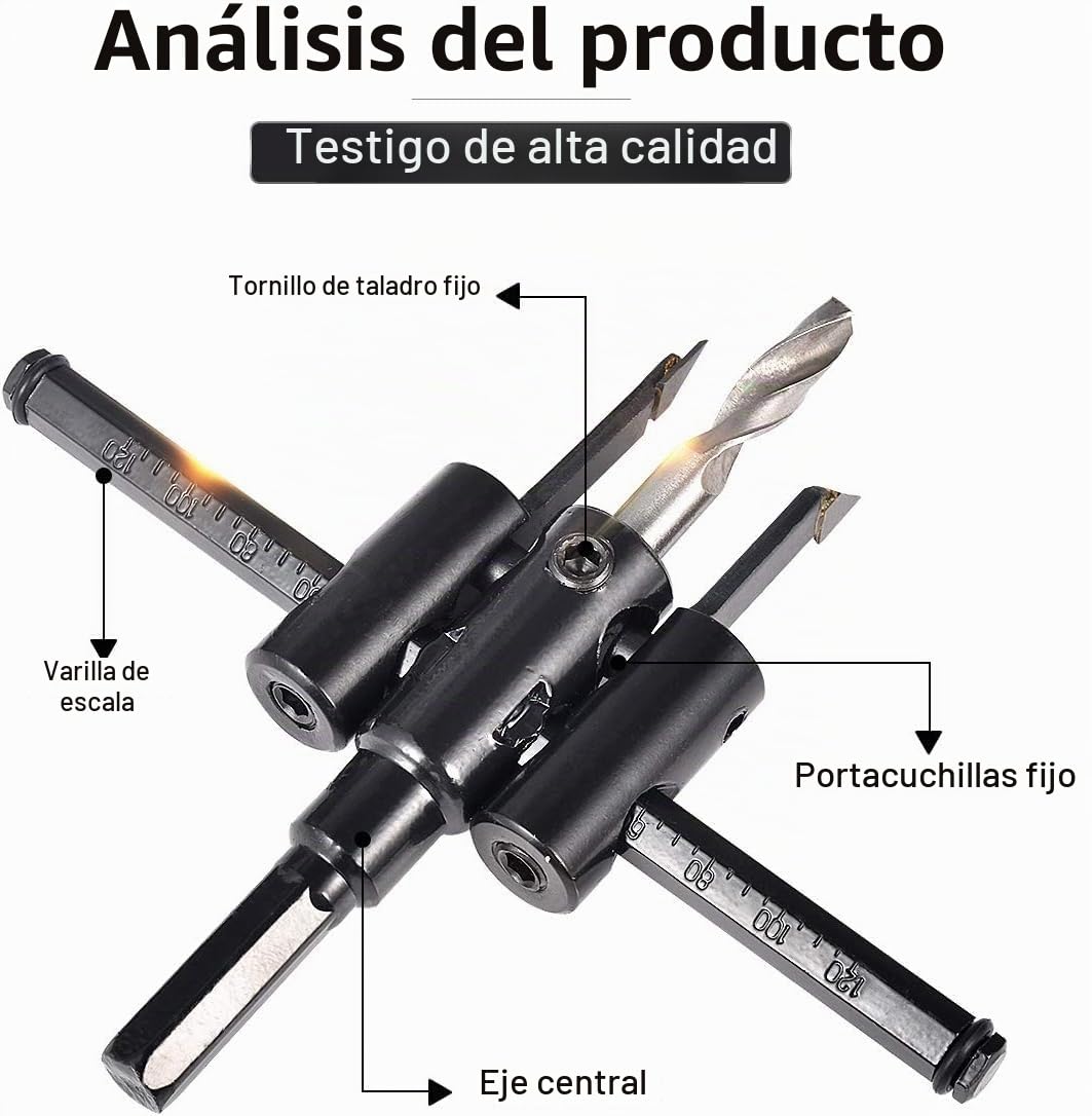 Corta Brocas Círculo Ajustable para Madera, Herramienta de Corte de Sierra Redonda, Herramientas de Bricolaje para Madera, Taladro Giratorio (Diámetro de Corte: 30mm - 120mm)