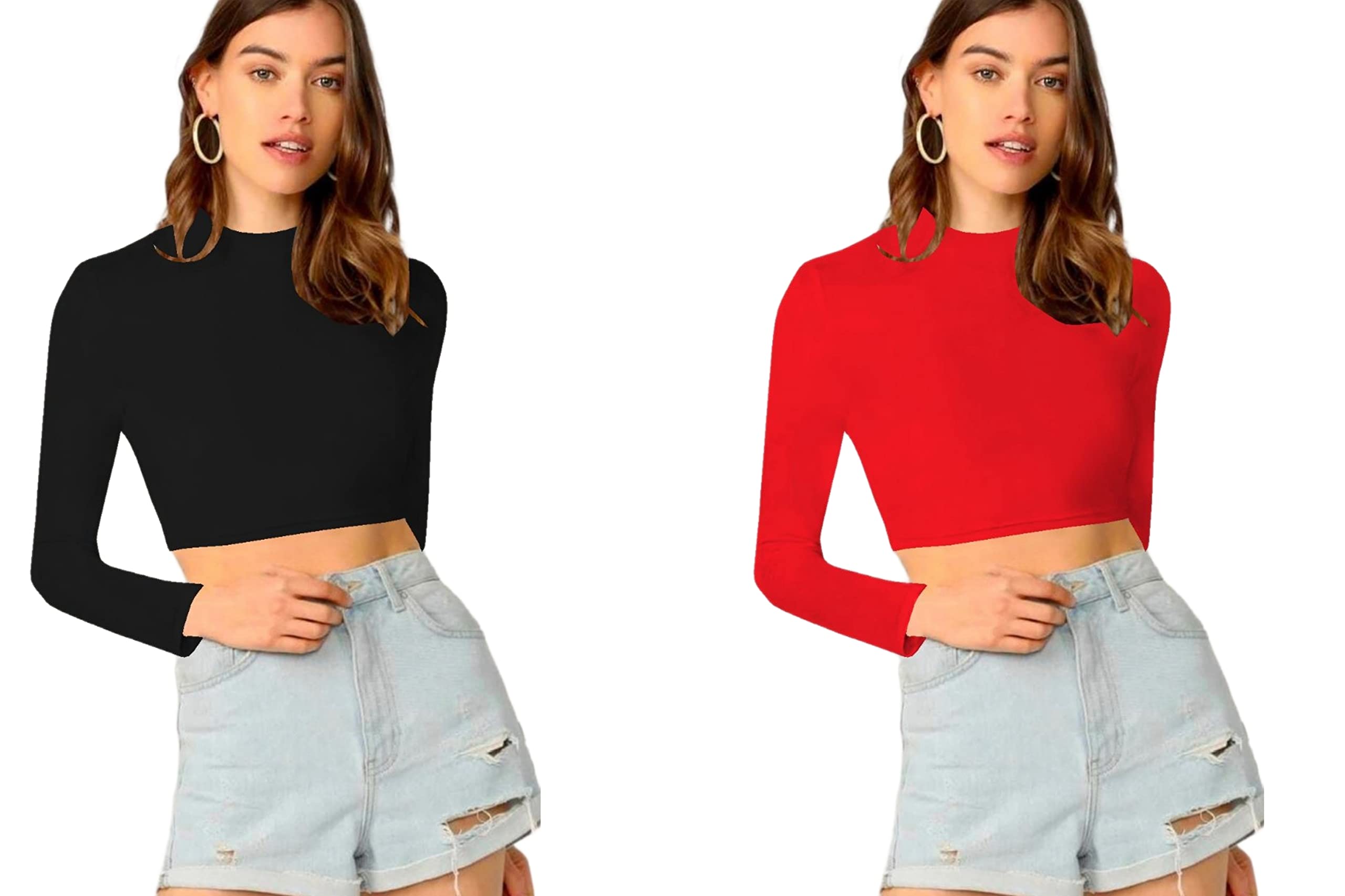 Women's Casual Round Neck Long Sleeves Stylish Crop Top - Pack of 2-17" inches (Combo-Tally Black-P,)