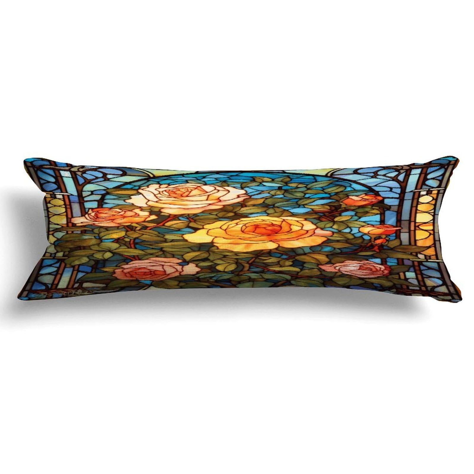 Zipped Body Pillow Case Cover,Valentine's Day Red Pink Rose Floral Stained Glass Decorative Rectangle Accent Long Body Pillowcase 20x59in Mother's Day Birthday Gifts Christmas for Women Girl Mom