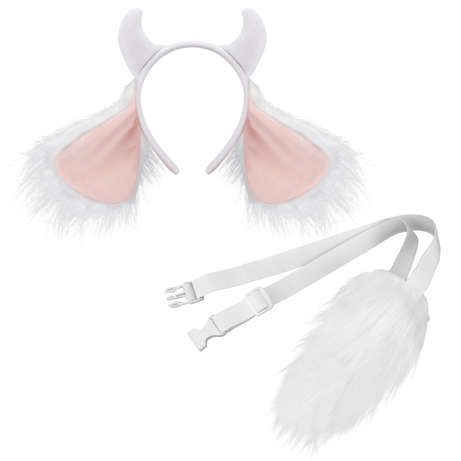 XEPST Animal Goat Costume Set, Goat Ears and Tail Set with Ram Horns Headband and Fluffy Tail for Animal Costume Cosplay Birthday Party Accessories