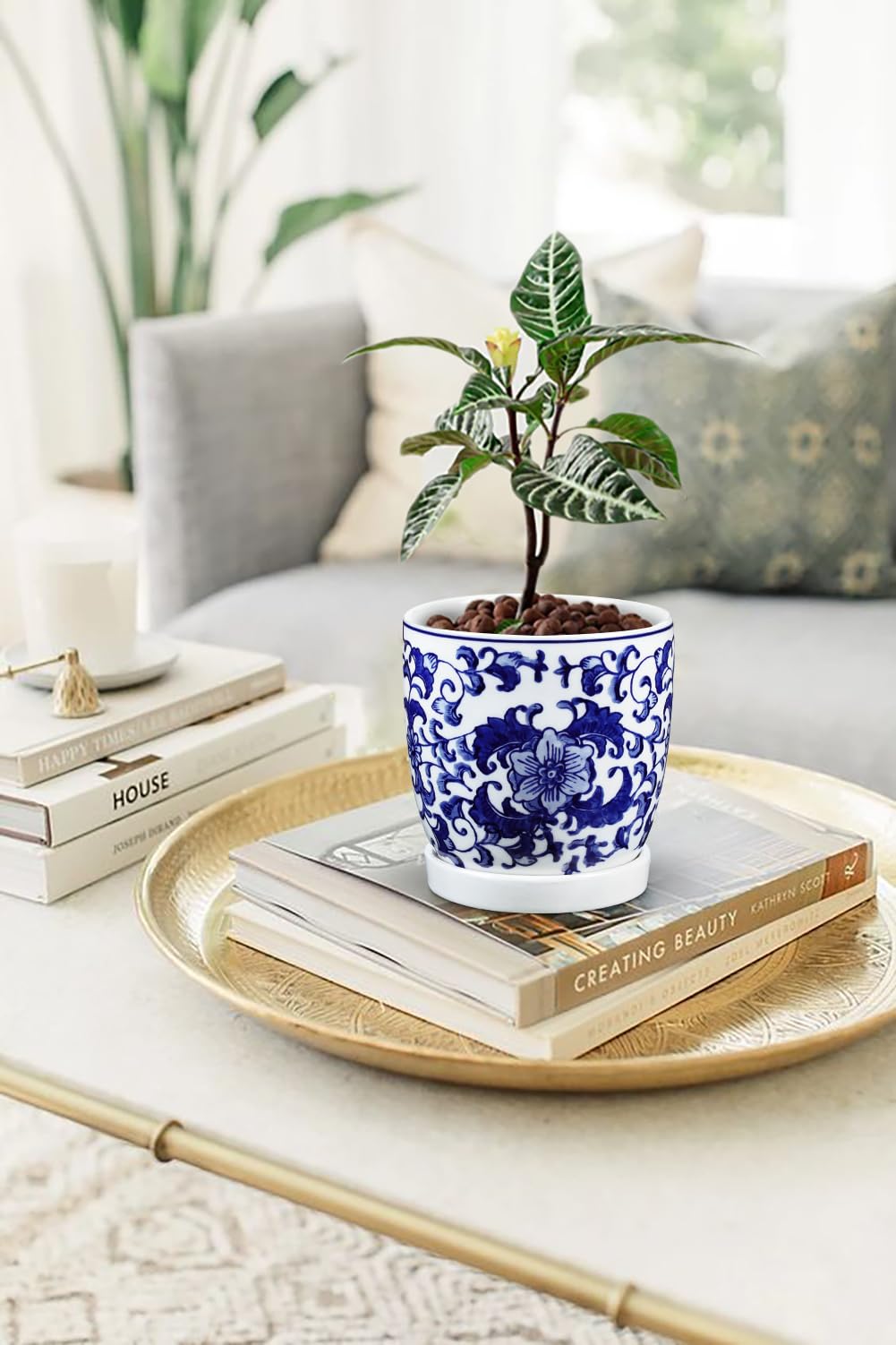 2er-Set Blau und Weiß Blumentopf Keramik Pflanztöpfe Sukkulentententöpfe mit Drainagelöchern und Untersetzern Kleiner Keramik-Pflanztopf für Sukkulenten Kaktus Indoor Outdoor Garten Fensterbank