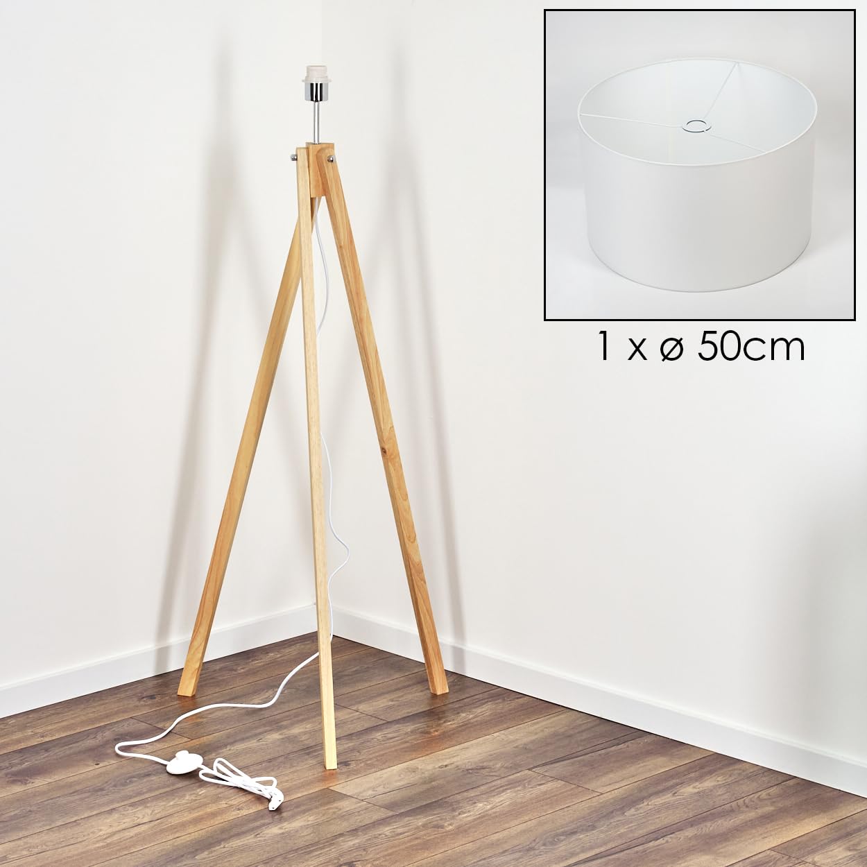 Stehleuchte Flemming, Stehlampe aus Holz/Stoff in Naturfarben/Weiß, Leuchte im modernen Boho-Style, skandinavisces Design (Ø50 cm), Höhe 151 cm, mit Fußschalter, 1 x E27, ohne Leuchtmittel