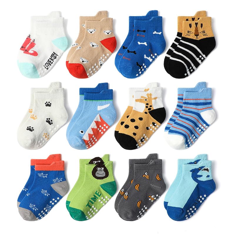 12 pairs Non-Slip Cartoon Kids Socks for Boys&Girls– Combed Cotton, Breathable&Comfortable Socks for Babies&Toddlers (KB177,Medium)