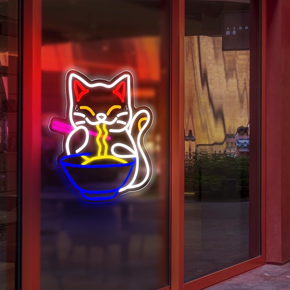 Cat Ramen Ramen Gatto Segno al neon per la decorazione della parete, Lucky Ramen Fortune Gatto Noodle Dimmable Led Segni giapponesi Maneki Neko Segni, Resturant Girls Room Art Decor