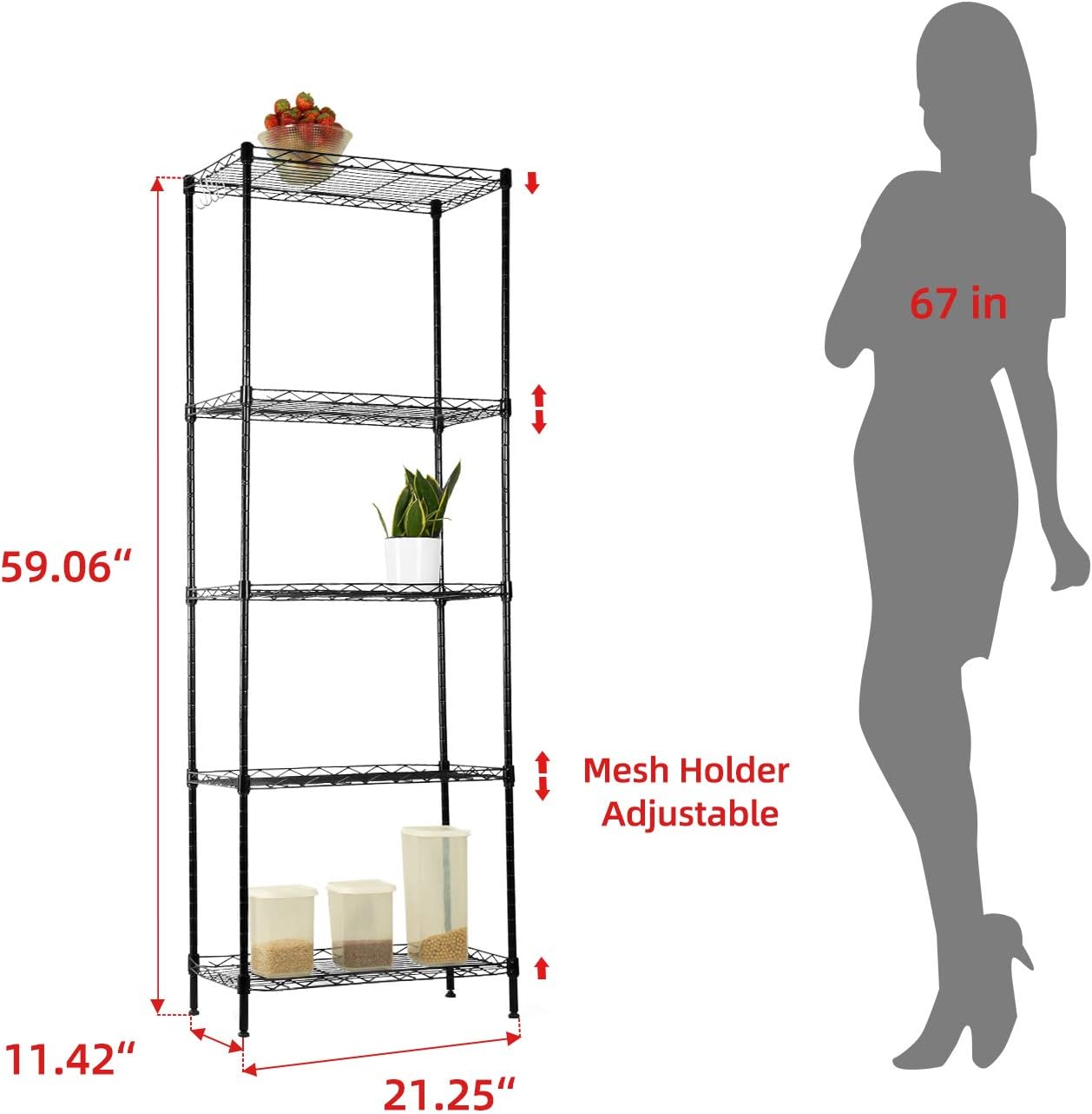 5 Tier Heavy Duty Height Adjustable Storage Shelving Unit, Large Steel Layer Organizer Wire Rack, Metal Organizer Shelves for Kitchen Home Office Garage Bathroom