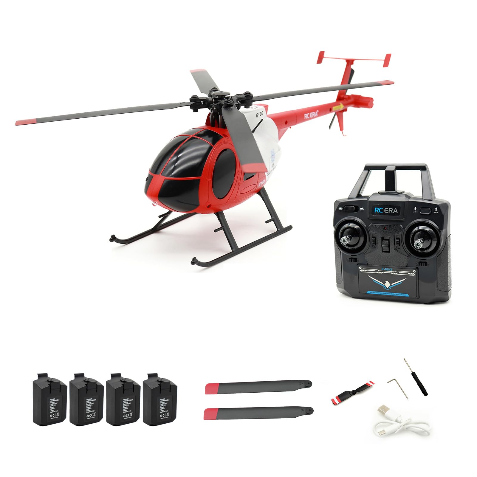 NULA RC-ERA C184 MD500 4CH RC Hubschrauber, 6-Achsen-Gyrostabilisierter Flybarless Hubschrauber Mit Optischem Fluss,Ferngesteuert Helikopter Für Erwachsene Anfänger–Rot/4 Akku