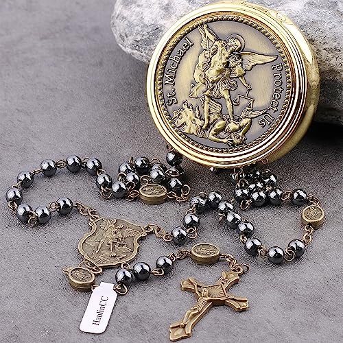 HanlinCC Hematite Black Stone Beads Saint Michael the Archangel Catholic Rosary Necklace with Gold Metal Gift Box for Men Women4